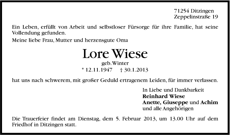  Traueranzeige für Lore Wiese vom 01.02.2013 aus Stuttgarter Zeitung / Stuttgarter Nachrichten