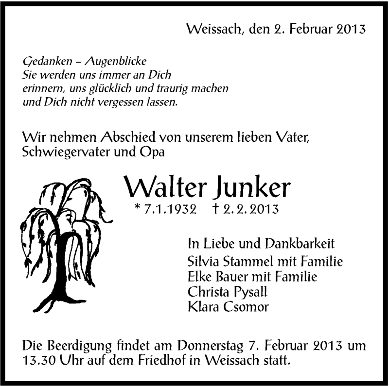  Traueranzeige für Walter Junker vom 05.02.2013 aus Leonberger Kreiszeitung / Strohgäu Extra