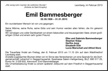 Traueranzeige von Emil Bammesberger von Stuttgarter Zeitung / Stuttgarter Nachrichten