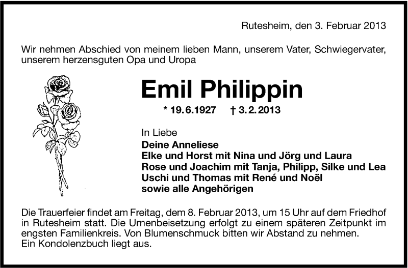  Traueranzeige für Emil Philippin vom 05.02.2013 aus Leonberger Kreiszeitung / Strohgäu Extra