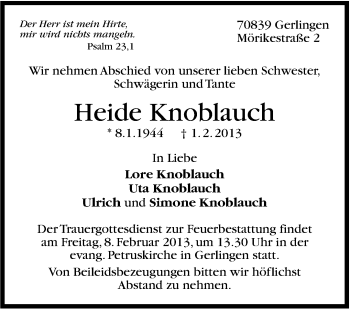 Traueranzeige von Heide Knoblauch von Stuttgarter Zeitung / Stuttgarter Nachrichten
