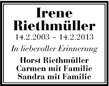 Traueranzeige von Irene Riethmüller von Stuttgarter Zeitung / Stuttgarter Nachrichten