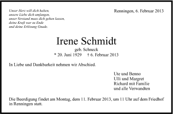 Traueranzeige von Irene Schmidt von Stuttgarter Zeitung / Stuttgarter Nachrichten