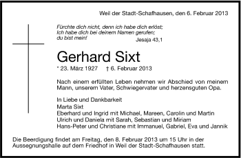 Traueranzeige von Gerhard Sixt von Stuttgarter Zeitung / Stuttgarter Nachrichten