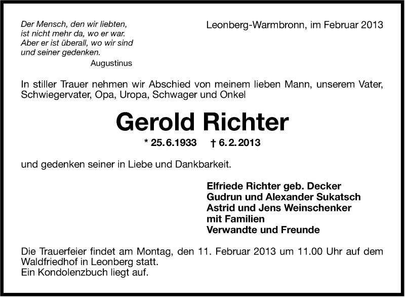  Traueranzeige für Gerold Richter vom 09.02.2013 aus Stuttgarter Zeitung / Stuttgarter Nachrichten