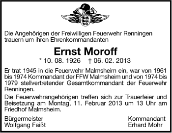 Traueranzeige von Ernst Moroff von Stuttgarter Zeitung / Stuttgarter Nachrichten