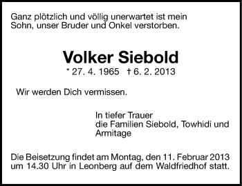 Traueranzeige von Volker Siebold von Stuttgarter Zeitung / Stuttgarter Nachrichten