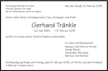 Traueranzeige von Gerhard Tränkle von Stuttgarter Zeitung / Stuttgarter Nachrichten