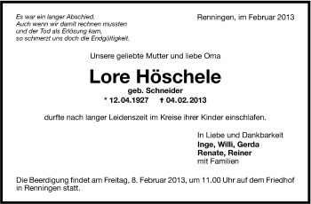 Traueranzeige von Lore Höschele von Stuttgarter Zeitung / Stuttgarter Nachrichten