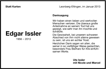 Traueranzeige von Edgar Issler von Stuttgarter Zeitung / Stuttgarter Nachrichten