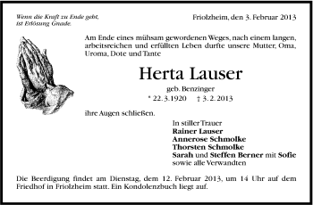Traueranzeige von Herta Lauser von Stuttgarter Zeitung / Stuttgarter Nachrichten
