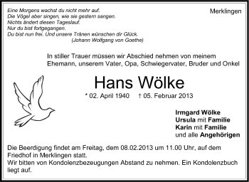 Traueranzeige von Hans Wölke von Stuttgarter Zeitung / Stuttgarter Nachrichten