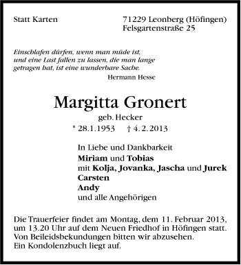 Traueranzeige von Margitta Gronert von Leonberger Kreiszeitung / Strohgäu Extra