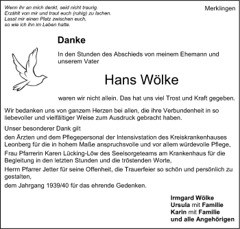 Traueranzeige von Hans Wölke von Stuttgarter Zeitung / Stuttgarter Nachrichten