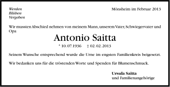 Traueranzeige von Antonio Saitta von Leonberger Kreiszeitung / Strohgäu Extra