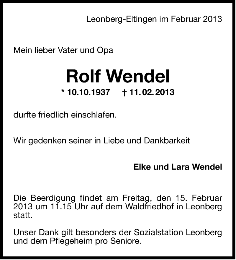  Traueranzeige für Rolf Wendel vom 13.02.2013 aus Stuttgarter Zeitung / Stuttgarter Nachrichten