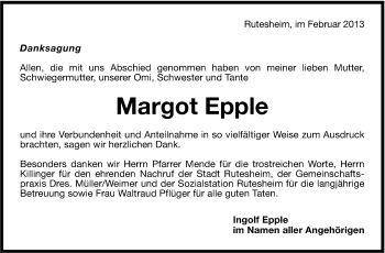 Traueranzeige von Margot Epple von Leonberger Kreiszeitung / Strohgäu Extra