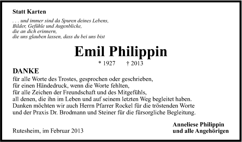  Traueranzeige für Emil Philippin vom 18.02.2013 aus Leonberger Kreiszeitung / Strohgäu Extra
