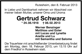 Traueranzeige von Gertrud Schwarz von Leonberger Kreiszeitung / Strohgäu Extra
