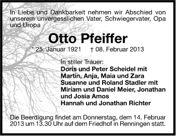 Traueranzeige von Otto Pfeiffer von Leonberger Kreiszeitung / Strohgäu Extra