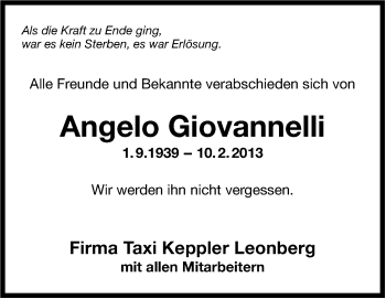 Traueranzeige von Angelo Giovannelli von Stuttgarter Zeitung / Stuttgarter Nachrichten