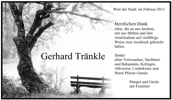 Traueranzeige von Gerhard Tränkle von Stuttgarter Zeitung / Stuttgarter Nachrichten