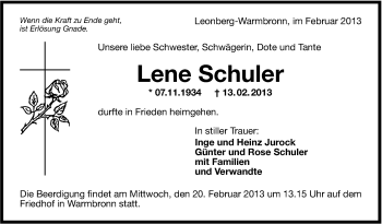 Traueranzeige von Lene Schuler von Stuttgarter Zeitung / Stuttgarter Nachrichten