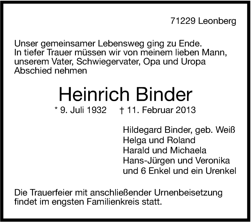  Traueranzeige für Heinrich Binder vom 16.02.2013 aus Stuttgarter Zeitung / Stuttgarter Nachrichten
