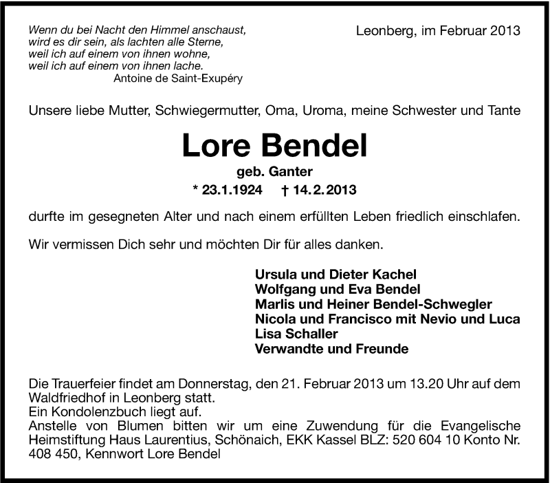  Traueranzeige für Lore Bendel vom 16.02.2013 aus Leonberger Kreiszeitung / Strohgäu Extra