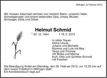 Traueranzeige von Helmut Schmid von Stuttgarter Zeitung / Stuttgarter Nachrichten