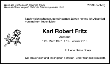 Traueranzeige von Karl Robert Fritz von Stuttgarter Zeitung / Stuttgarter Nachrichten