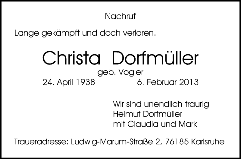  Traueranzeige für Christa Dorfmüller vom 20.02.2013 aus Stuttgarter Zeitung / Stuttgarter Nachrichten