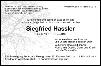 Traueranzeige von Siegfried Hassler von Stuttgarter Zeitung / Stuttgarter Nachrichten