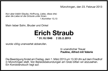Traueranzeige von Erich Straub von Stuttgarter Zeitung / Stuttgarter Nachrichten