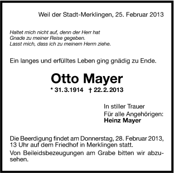 Traueranzeige von Otto Mayer von Stuttgarter Zeitung / Stuttgarter Nachrichten