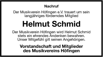 Traueranzeige von Helmut Schmid von Stuttgarter Zeitung / Stuttgarter Nachrichten