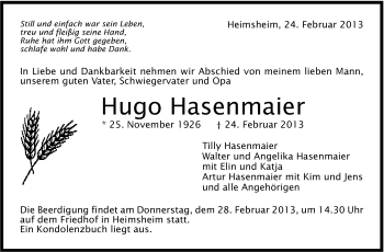 Traueranzeige von Hugo Hasenmaier von Leonberger Kreiszeitung / Strohgäu Extra
