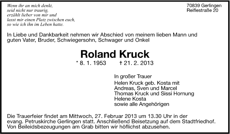  Traueranzeige für Roland Kruck vom 23.02.2013 aus Stuttgarter Zeitung / Stuttgarter Nachrichten