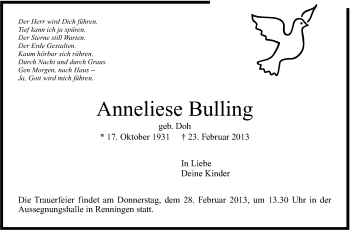 Traueranzeige von Anneliese Bulling von Leonberger Kreiszeitung / Strohgäu Extra