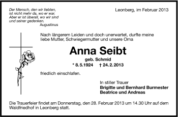 Traueranzeige von Anna Seibt von Leonberger Kreiszeitung / Strohgäu Extra