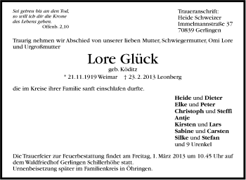Traueranzeige von Lore Glück von Leonberger Kreiszeitung / Strohgäu Extra
