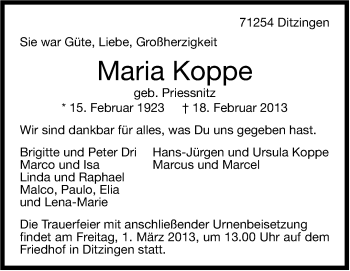 Traueranzeige von Maria Koppe von Leonberger Kreiszeitung / Strohgäu Extra