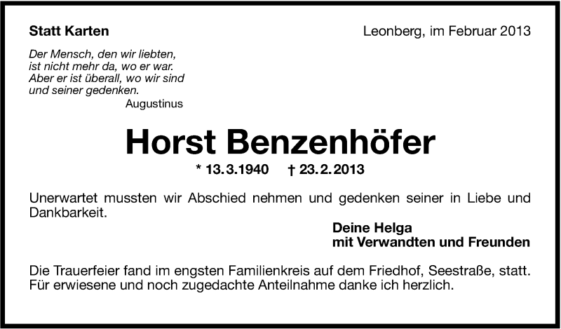  Traueranzeige für Horst Benzenhöfer vom 09.03.2013 aus Leonberger Kreiszeitung / Strohgäu Extra