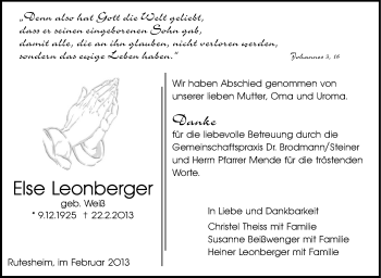 Traueranzeige von Else Leonberger von Stuttgarter Zeitung / Stuttgarter Nachrichten