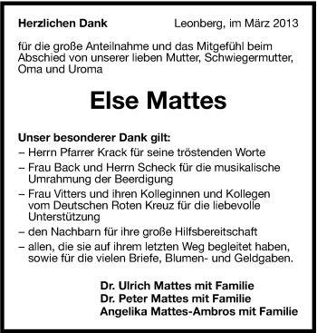 Traueranzeige von Else Mattes von Leonberger Kreiszeitung / Strohgäu Extra