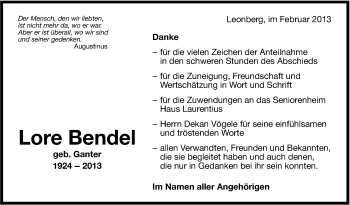 Traueranzeige von Lore Bendel von Leonberger Kreiszeitung / Strohgäu Extra