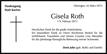 Traueranzeige von Gisela Roth von Leonberger Kreiszeitung / Strohgäu Extra