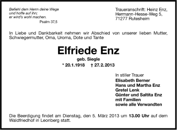 Traueranzeige von Elfriede Enz von Leonberger Kreiszeitung / Strohgäu Extra