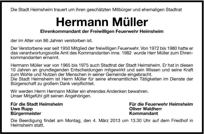  Traueranzeige für Hermann Müller vom 02.03.2013 aus Leonberger Kreiszeitung / Strohgäu Extra