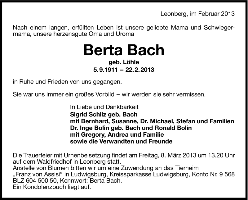  Traueranzeige für Berta Bach vom 05.03.2013 aus Leonberger Kreiszeitung / Strohgäu Extra